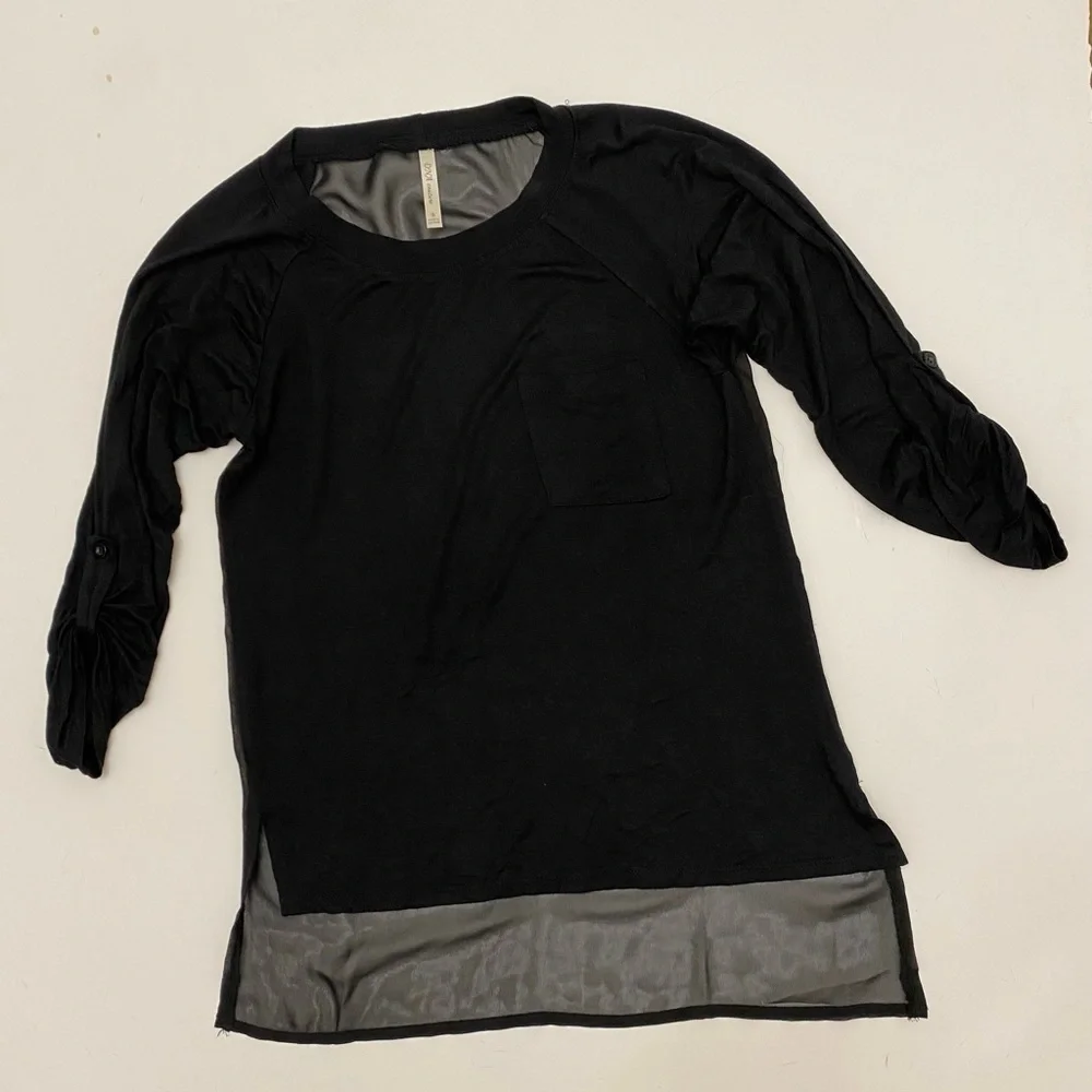 DNA Couture black 3/4 sleeve sheer back hi low top, Sz. S